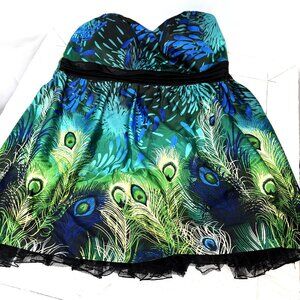 Torrid Z. Cavaricci Strapless Satin Peacock Feather Dress Size 26 EUC